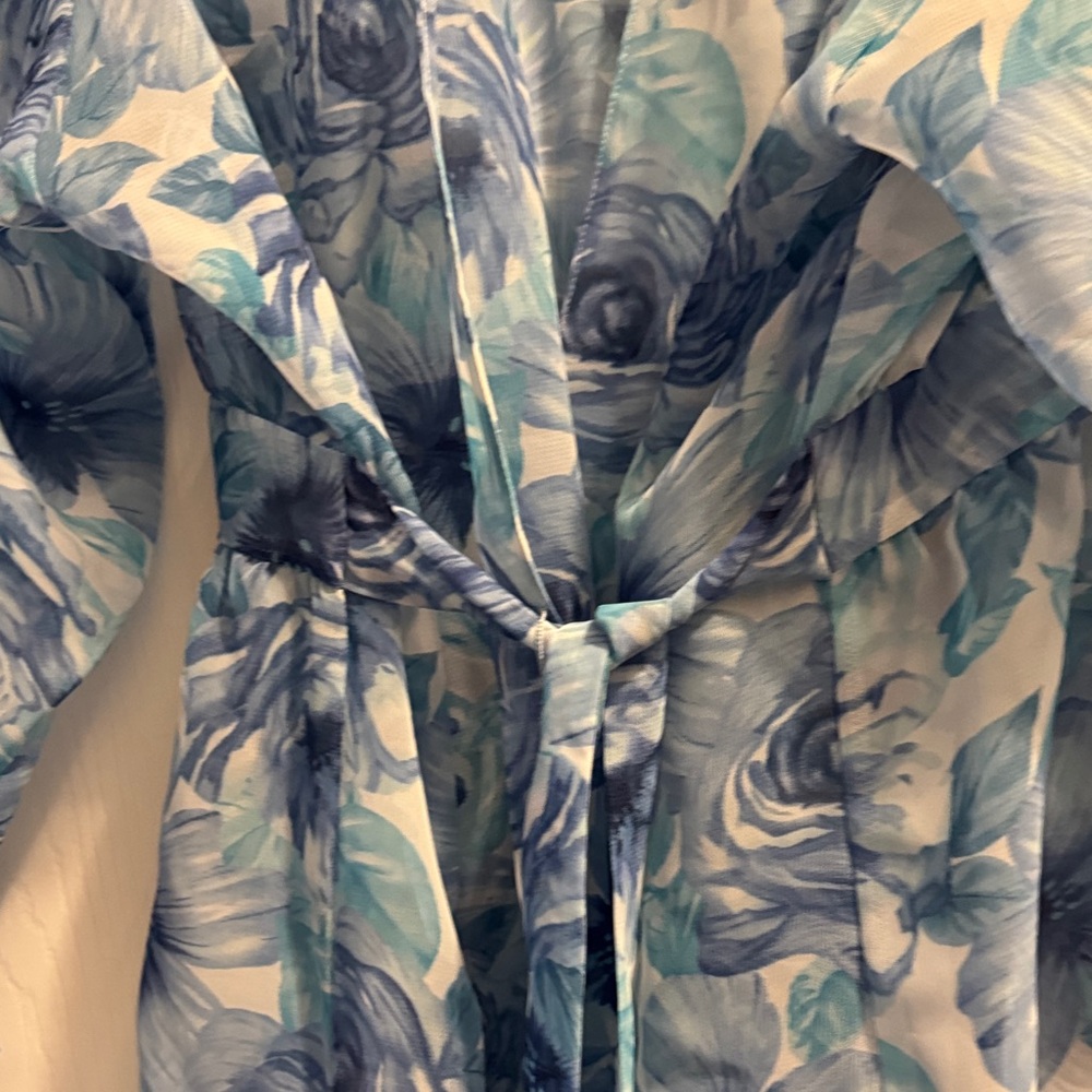 Oscar de la Renta Sheer Blue Floral Tie-Waist Robe - Picture 5 of 8